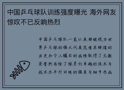 中国乒乓球队训练强度曝光 海外网友惊叹不已反响热烈