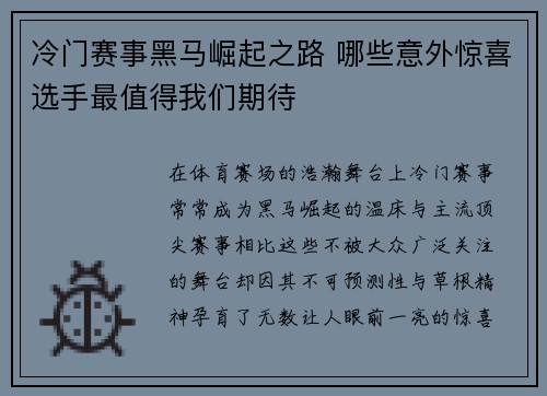 冷门赛事黑马崛起之路 哪些意外惊喜选手最值得我们期待